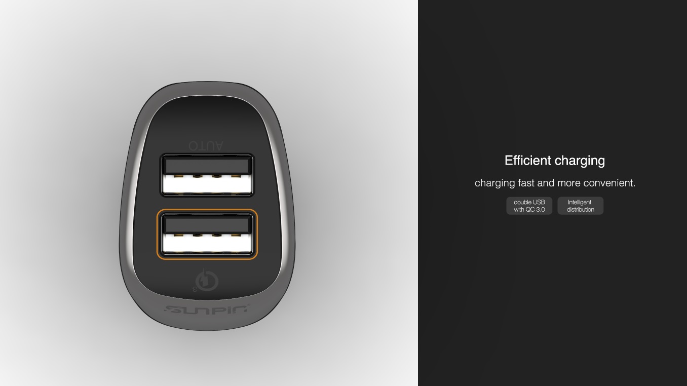 АЗУ (автомобильное зарядное устройство) SunPin CS-02 на 2 USB порта 5.1A - 15W, QC3.0, цвет чёрный.