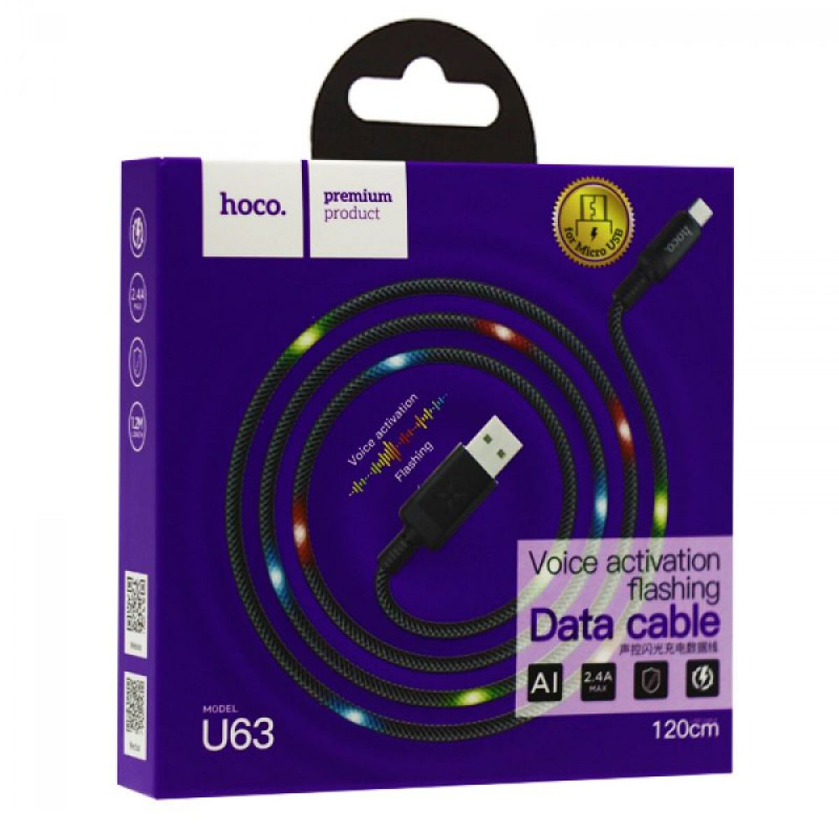 Кабель Micro USB, HOCO U63 Spirit, LED подсветка от звука, 1.2 метра, цвет черный