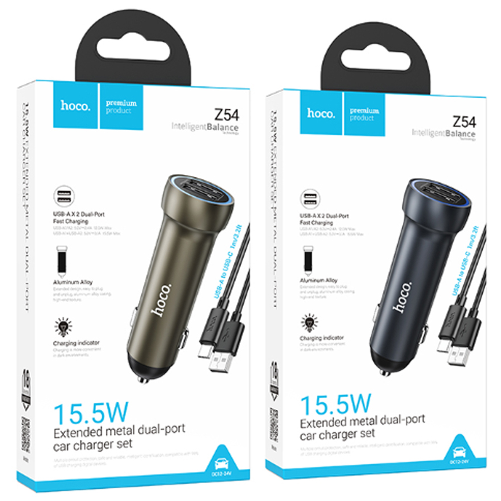 АЗУ (Автомобильное зарядное устройство) HOCO Z54 Prosperous с кабелем Type-C, 15.5W, 2 USB, длина 1 метр, цвет темно серебристый