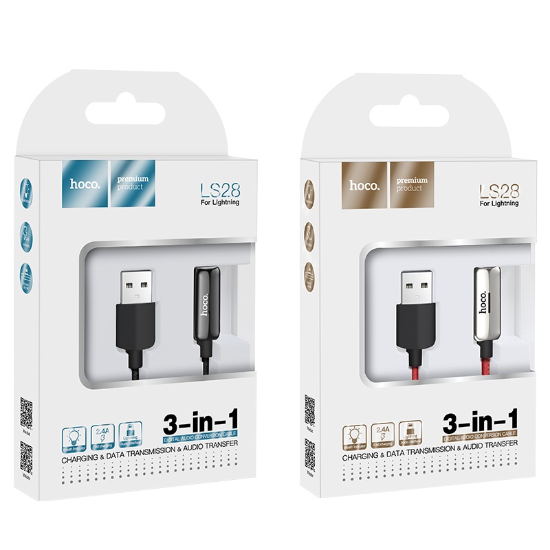 HOCO LS28 аудио конверсионный кабель для Apple Lightning 8-pin, LED индикация заряда, цвет графитовый.