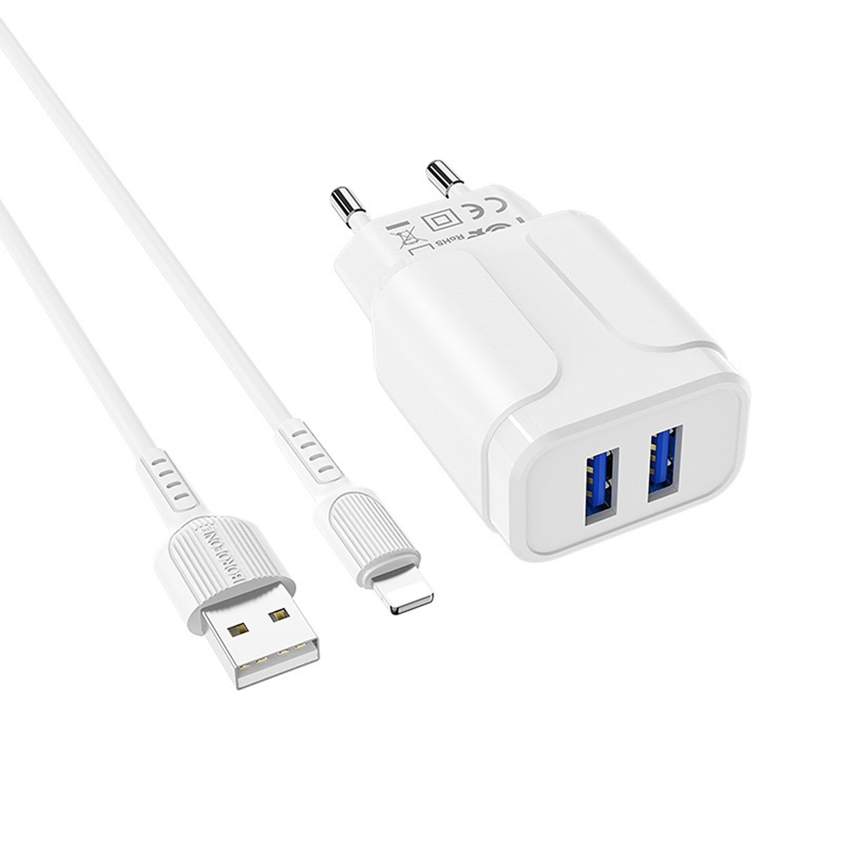 BOROFONE BA37A Speedy, сетевое зарядное устройство с двумя USB портами, с кабелем APPLE Lightning 8-pin, цвет белый.