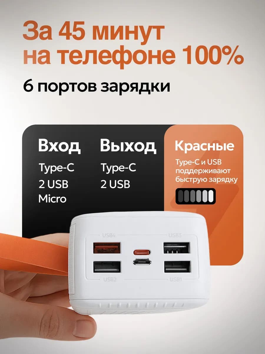 Внешний портативный аккумулятор, Power Bank GAIDI, 50000 mAh, LED дисплей, PD20W, QC3.0, 4 встроенных провода: lightning, micro, USB и type-C, цвет черный