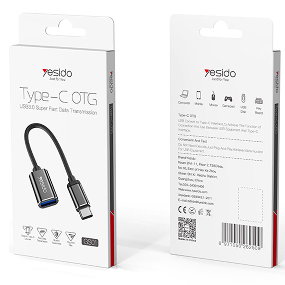 Адаптер, OTG переходник YESIDO GS01 с USB 2.0 (мама) на USB Type C (папа), металл, нейлон, цвет черный