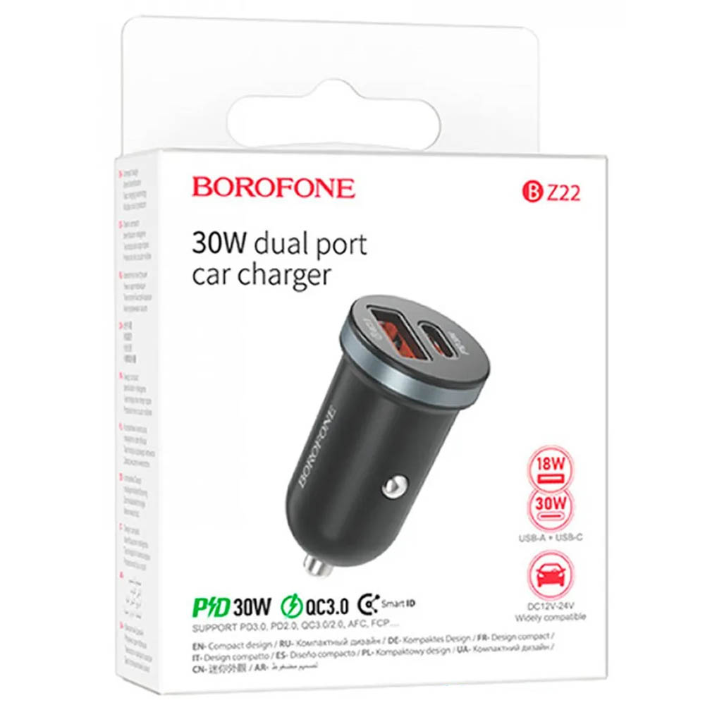 АЗУ (Автомобильное зарядное устройство) BOROFONE BZ22, 3А, 30W, 1 USB, 1 USB Type C, PD30W, QC3.0 18W, цвет черный