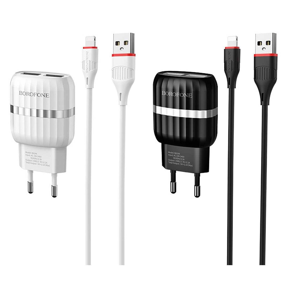 BOROFONE BA24A Vigour СЗУ 2 в 1 (сетевое зарядное устройство 5V-2.1A) + кабель APPLE Lightning 8-pin, длина 1 метр, цвет черный.