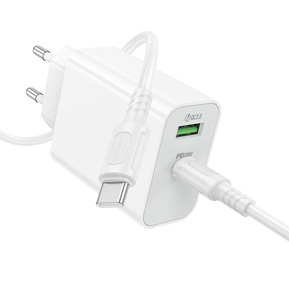 СЗУ (Сетевое зарядное устройство) c кабелем Type C на Type C BOROFONE BA106A Stellar, 20W, 1 USB A 18W, 1 USB Type C 20W, PD20W, QC3.0, длина 1 метр, цвет белый