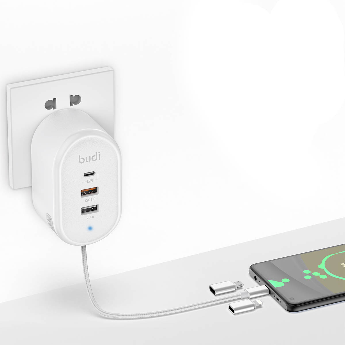 СЗУ (Сетевое зарядное устройство) BUDI, PD 18W, QC 18W, USB, кабель Type C, длина 1 метр, цвет белый | Последняя цена