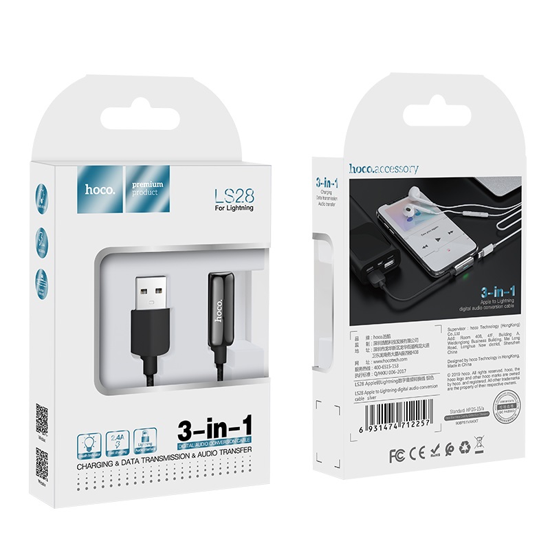 HOCO LS28 аудио конверсионный кабель для Apple Lightning 8-pin, LED индикация заряда, цвет графитовый.