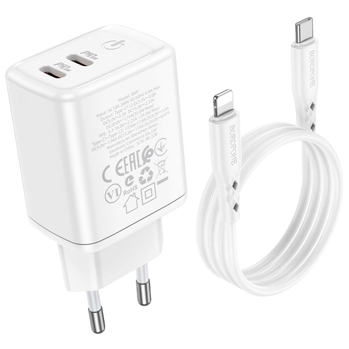 СЗУ (Сетевое зарядное устройство) BOROFONE BN9 Reacher с кабелем USB Type C на Lightning 8 pin, 35W, 2 USB Type C, PD35W, QC3.0, длина 1 метр, цвет белый СЗУ (Сетевое зарядное устройство) BOROFONE BN9 Reacher с кабелем USB Type C на Lightning 8 pin, 35W, 2 USB Type C, PD35W, QC3.0, длина 1 метр, цвет белый