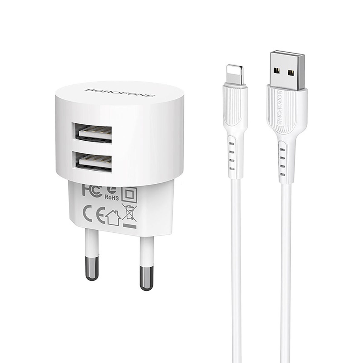 BOROFONE BA23A Brilliant, сетевое зарядное устройство с двумя USB портами и с кабелем APPLE Lightning 8-pin, цвет белый