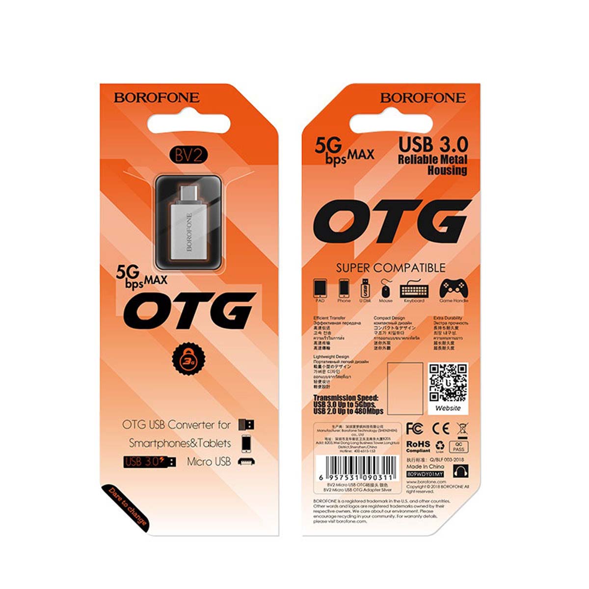 Адаптер, переходник, конвертер BOROFONE BV2 USB на Micro USB, поддержка OTG, USB3.0, цвет серебристый