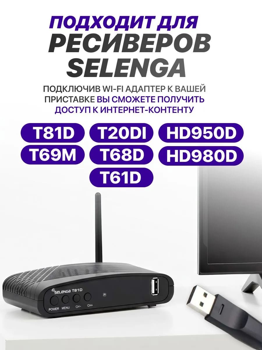 Wi-Fi адаптер SELENGA МT7601 для компьютеров и ТВ приставок, 2.4ГГц, 802.11b/g/n, 150Мбит/сек, USB 2.0, с антенной, цвет черный