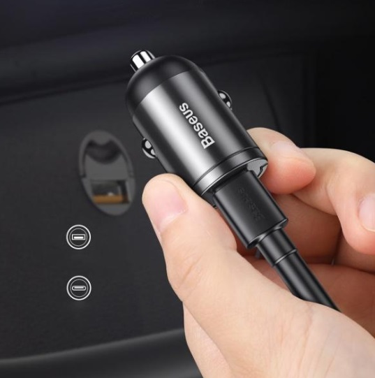 BASEUS TZVCHX-0G Автомобильное зарядное устройство Tiny Star Mini PPS quick charger suit Type-C to IP 18W Cable  1 метр, цвет темно серый.