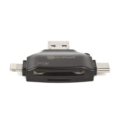 Универсальный картридер COTEetCI 4 в 1 OTG/USB/MicroUSB/для Apple 8 pin/USB Type-C (черный).