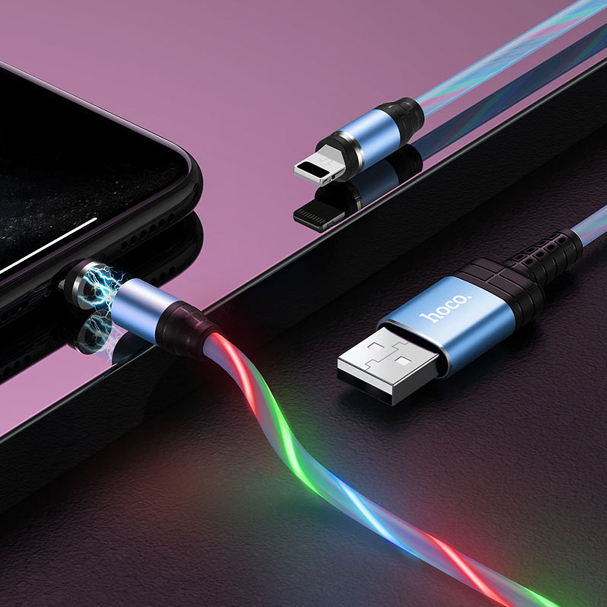 Магнитный зарядный кабель HOCO U90 APPLE Lightning 8 pin, LED подсветка, 2A, длина 1 метр, цвет синий | Все по 150