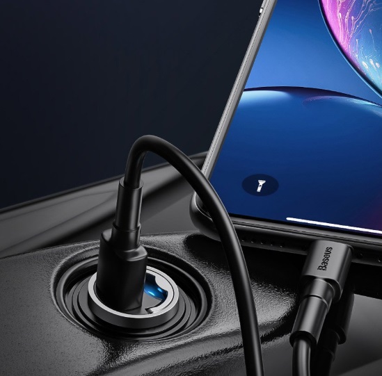 BASEUS TZVCHX-0G Автомобильное зарядное устройство Tiny Star Mini PPS quick charger suit Type-C to IP 18W Cable  1 метр, цвет темно серый.