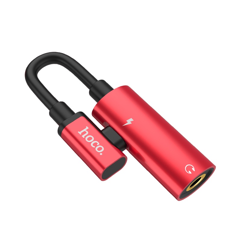 Переходник, аудио адаптер  HOCO LS19, аудио конвертер 2 в 1 Type-C на наушники jack 3.5 и USB Type-C 1.5A, цвет красный.