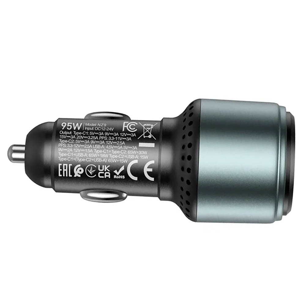 АЗУ (Автомобильное зарядное устройство) HOCO NZ9, 95W, 1 USB, 2 USB Type C, PD65W, QC3.0, цвет серебристо черный