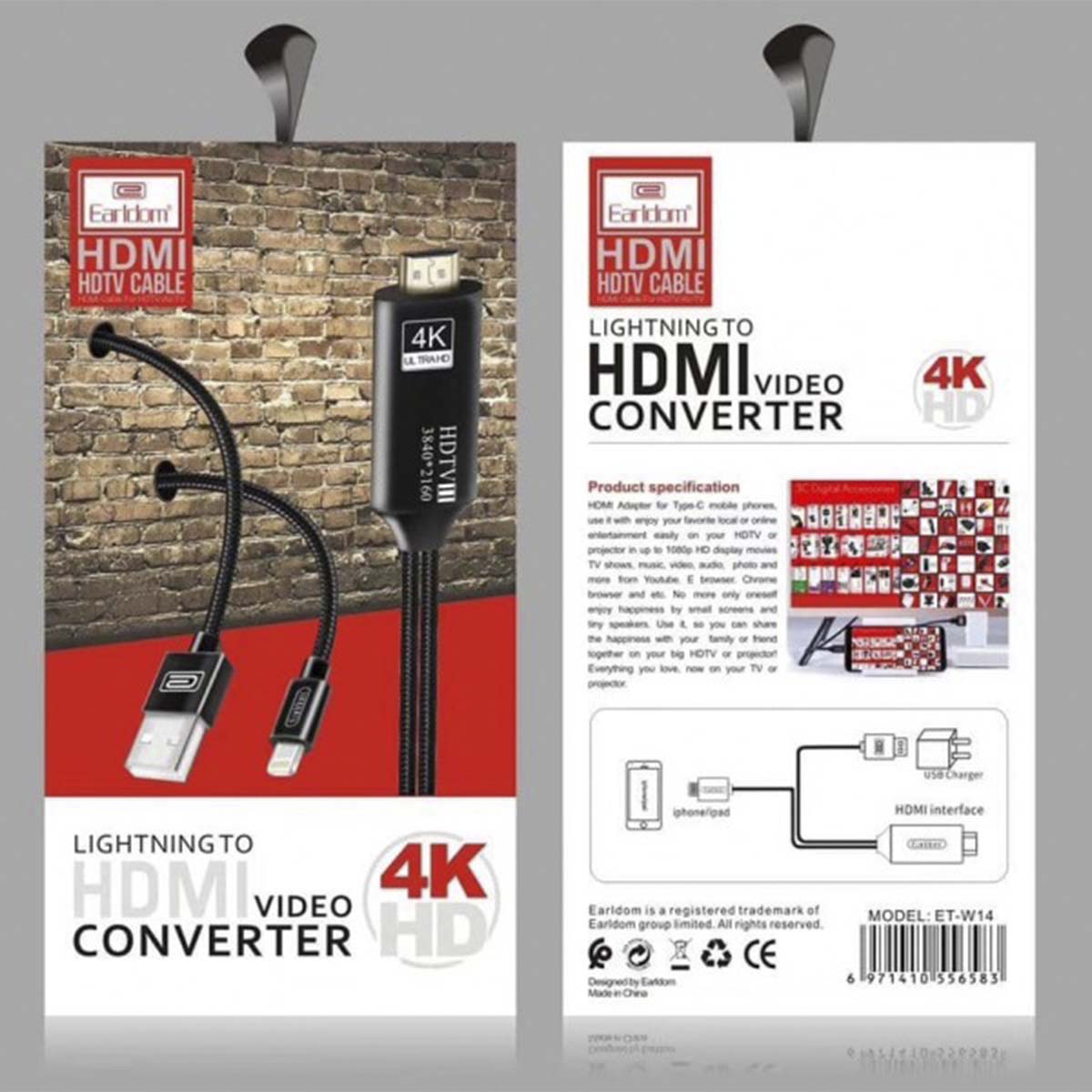 Адаптер Earldom ET-W14 Lightning на HDMI, длина 2 метра, цвет черный