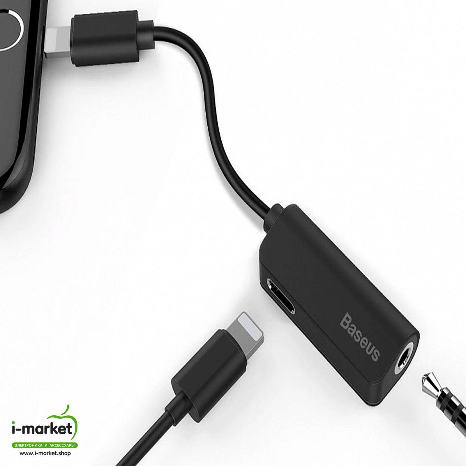 Переходник, адаптер аудио вход AUX 3.5 мм на разъем APPLE Lightning 8-pin, + доп. разъем Lightning 8-pin, Baseus L32, цвет черный