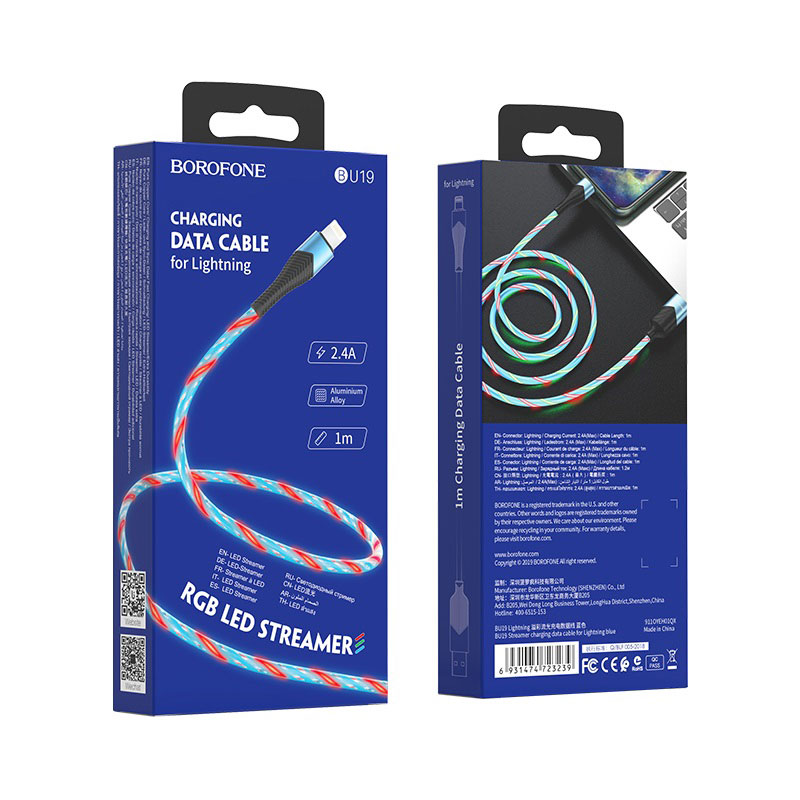 Кабель BOROFONE BU19 Streamer APPLE Lightning 8 pin, 3A, длина 1 метр, цвет синий