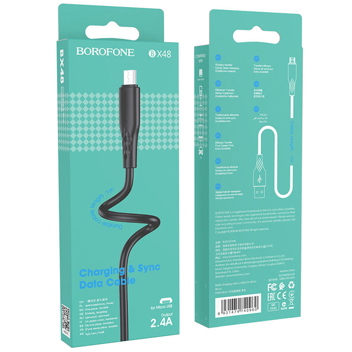 Кабель BOROFONE BX48 Micro USB, 2.4A, длина 1 метр, цвет черный