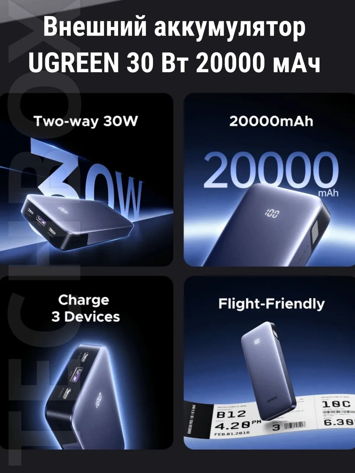 Внешний портативный аккумулятор, Power Bank UGREEN PB532, 20000 mAh, PD 30W, 22.5W, LED дисплей, цвет серый