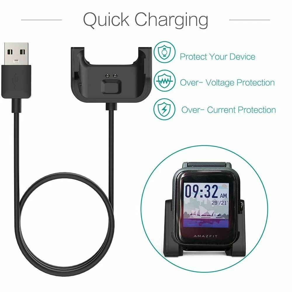 Зарядное устройство USB для Amazfit Bip Lite A1915, Bip A1608, длина 1 метр, цвет черный