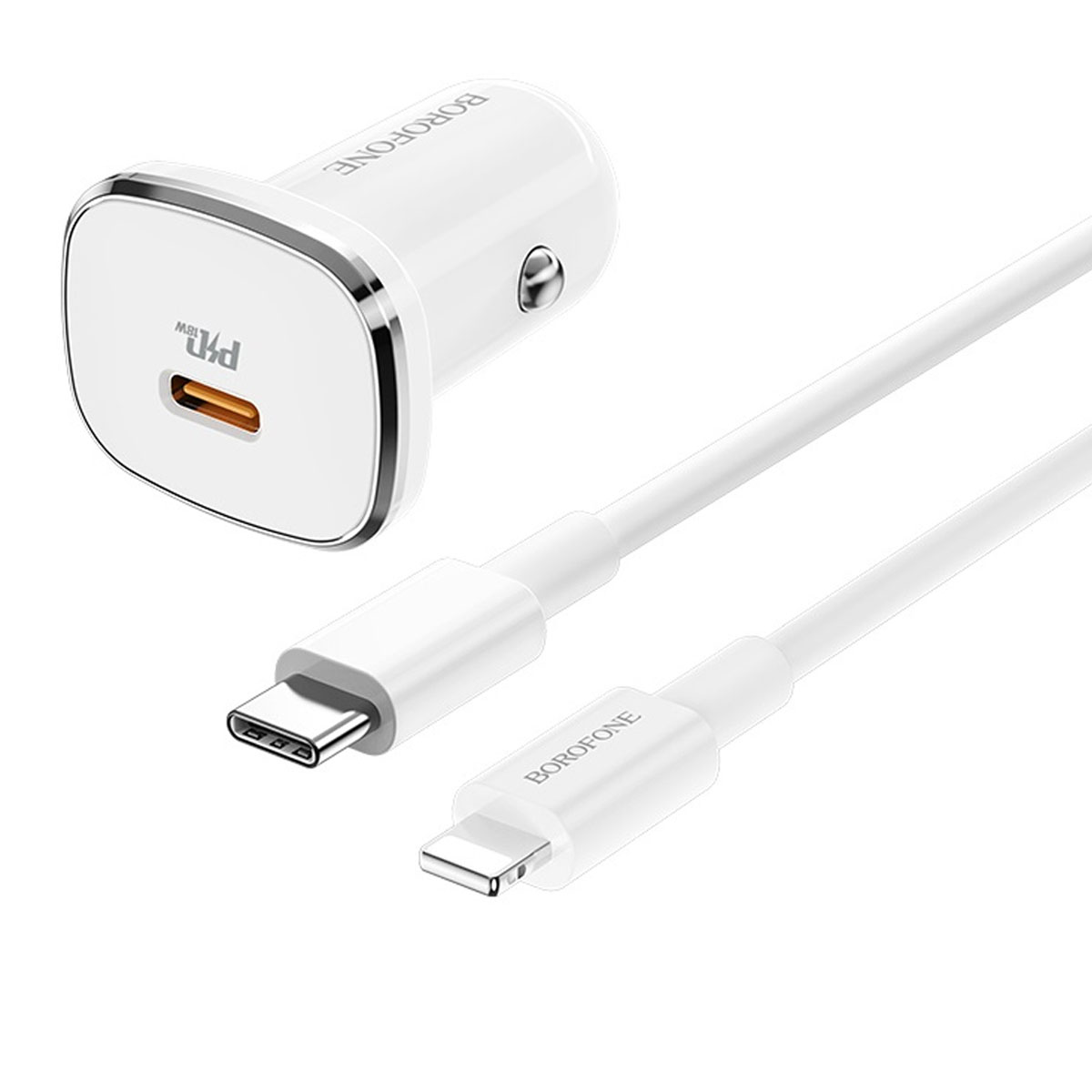 АЗУ (Автомобильное зарядное устройство) BOROFONE BZ12B Lasting c кабелем USB Type C на Lightning 8 pin, 18W, 1 USB Type C, длина 1 метр, цвет белый