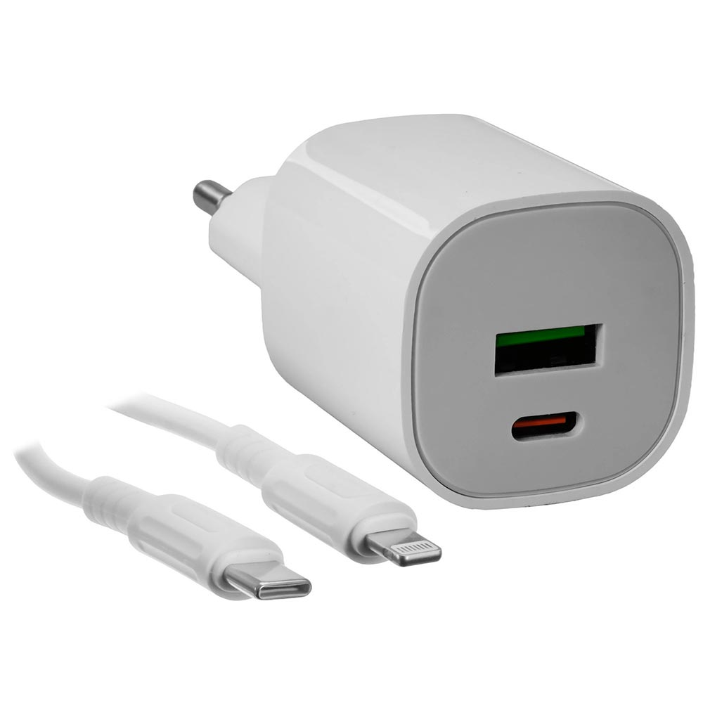СЗУ (Сетевое зарядное устройство) BOROFONE BA104A Pudding с кабелем USB Type C на Lightning 8 pin, 1 USB Type C, 1 USB A, PD20W, QC3.0, длина 1 метр, цвет белый