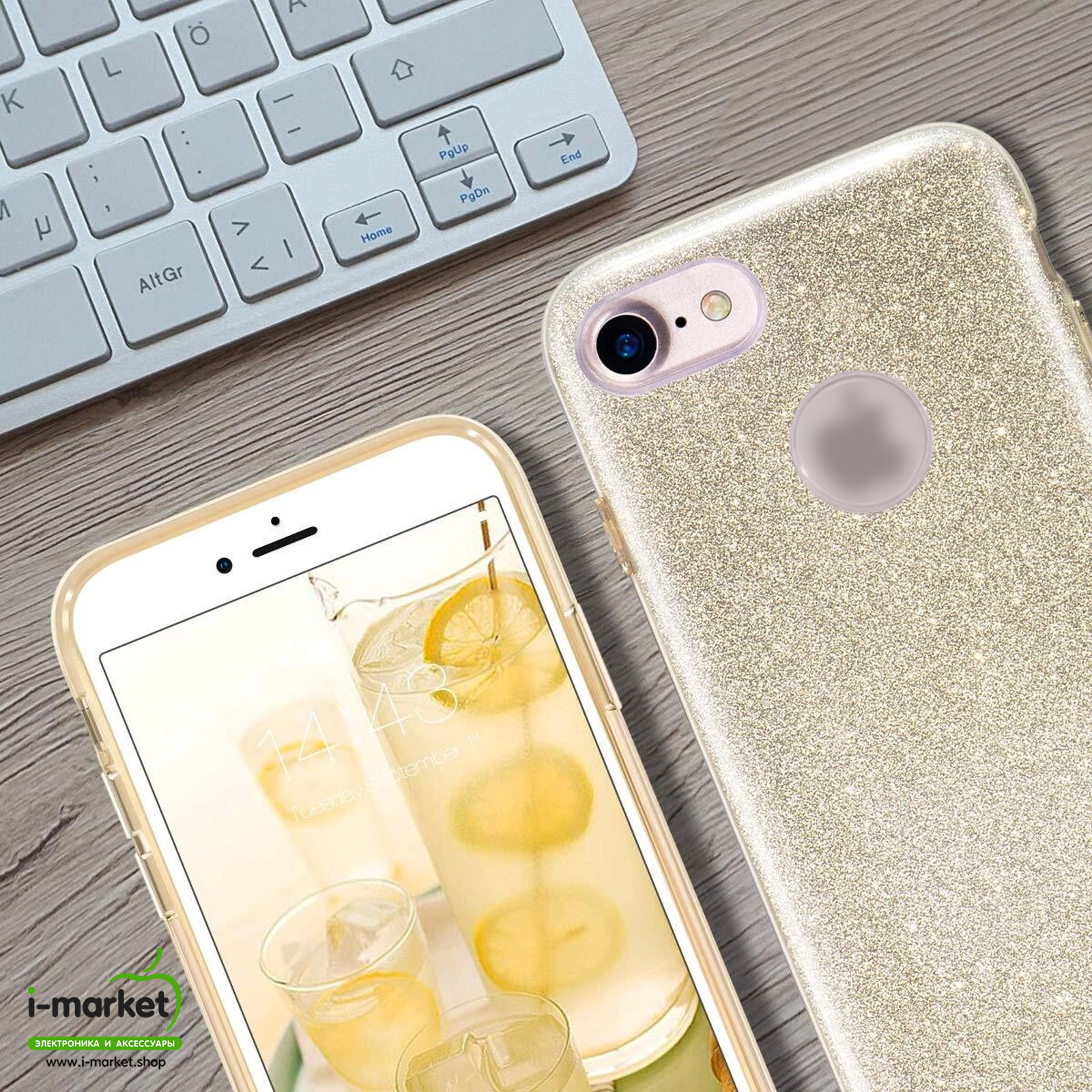 Чехол накладка Shine для APPLE iPhone 6, 6G, 6S, силикон, блестки, цвет золотистый