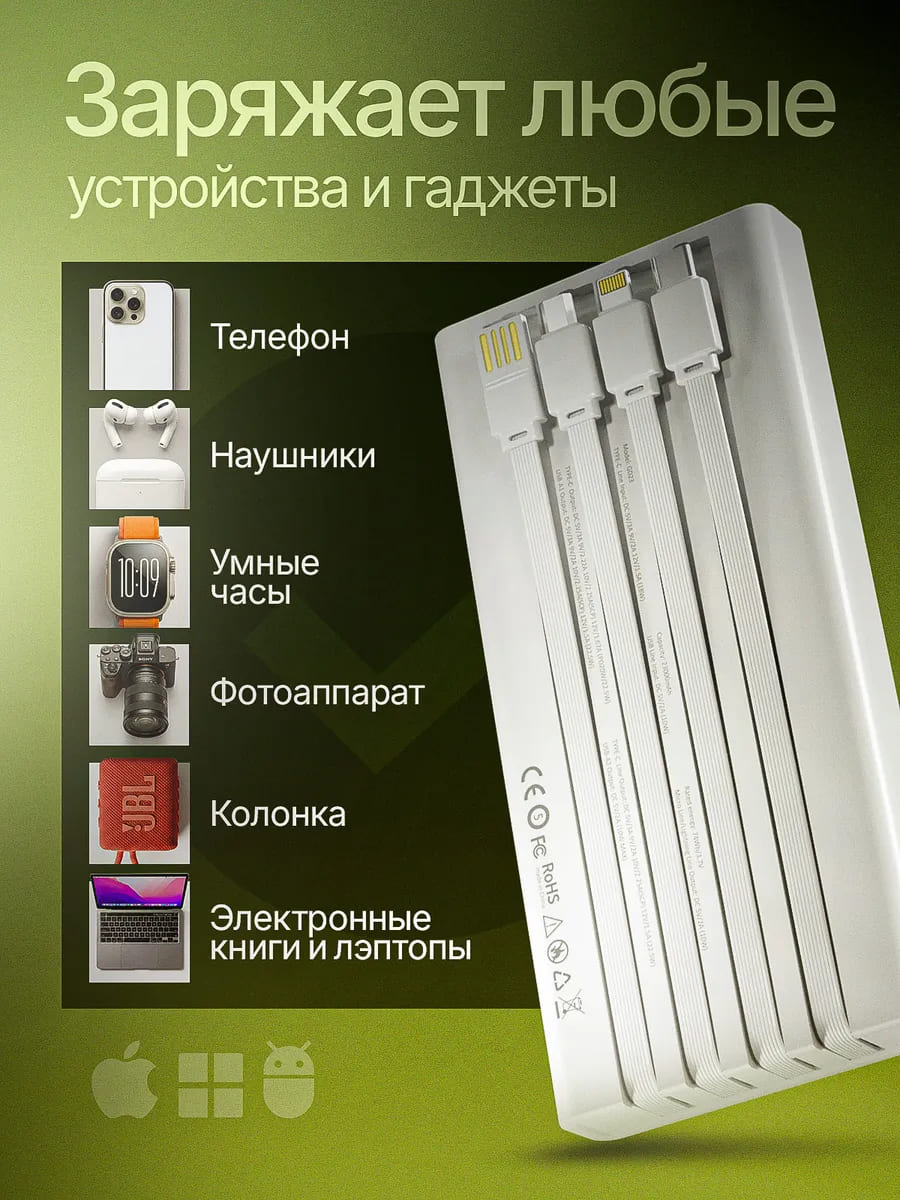 Внешний портативный аккумулятор, Power Bank Gaidi, 20000 mAh, 22.5 W, LED дисплей, 4 встроенных провода Type-C, Lightning 8-pin, USB, micro-USB, цвет белый