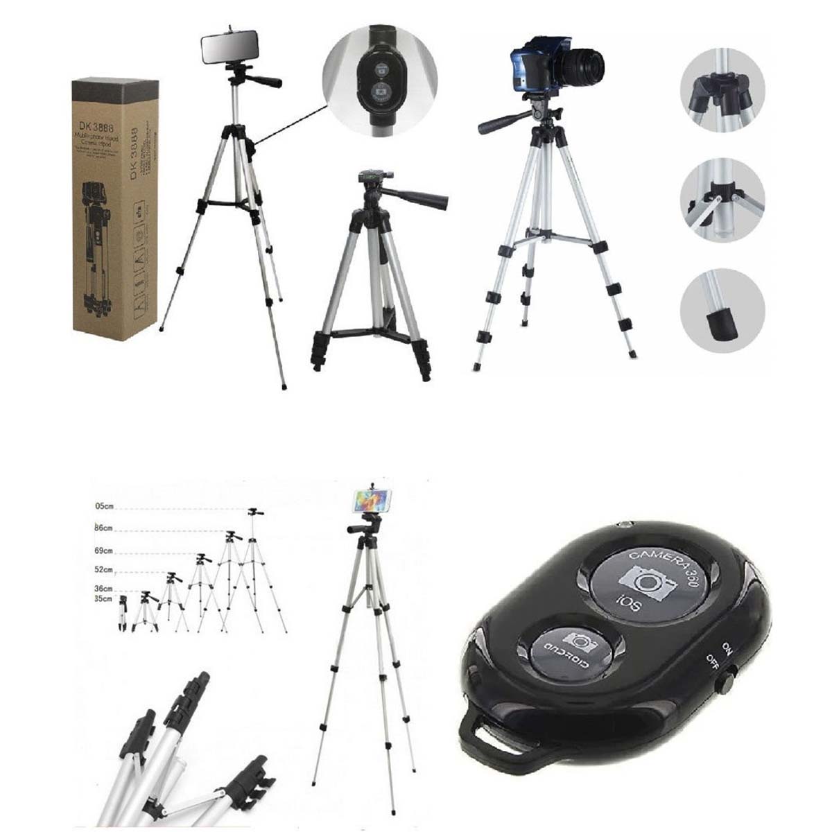 Штатив трипод DK-3888 для камеры и телефона, Bluetooth кнопка, цвет серебристый