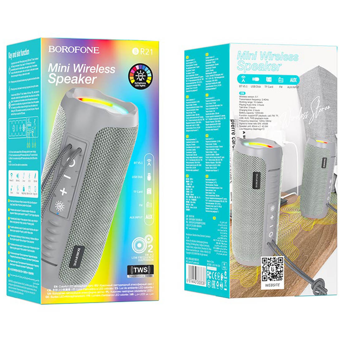 Портативная колонка BOROFONE BR21 Sports, Bluetooth, TF Card, AUX, FM, USB, LED подсветка, цвет серый (распродажа -30%)
