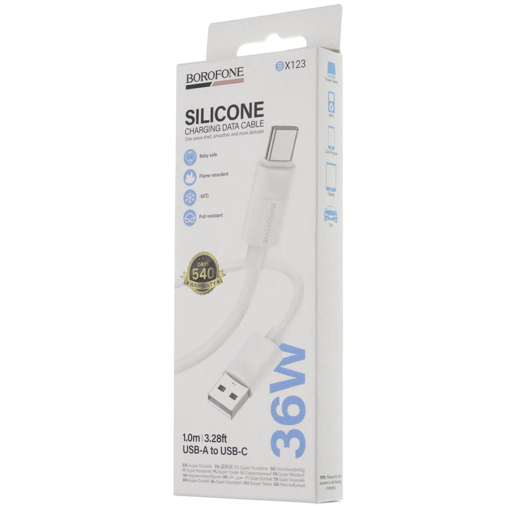 Кабель BOROFONE BX123 Leya USB Type C, 3А, 36W, длина 1 метр, цвет белый