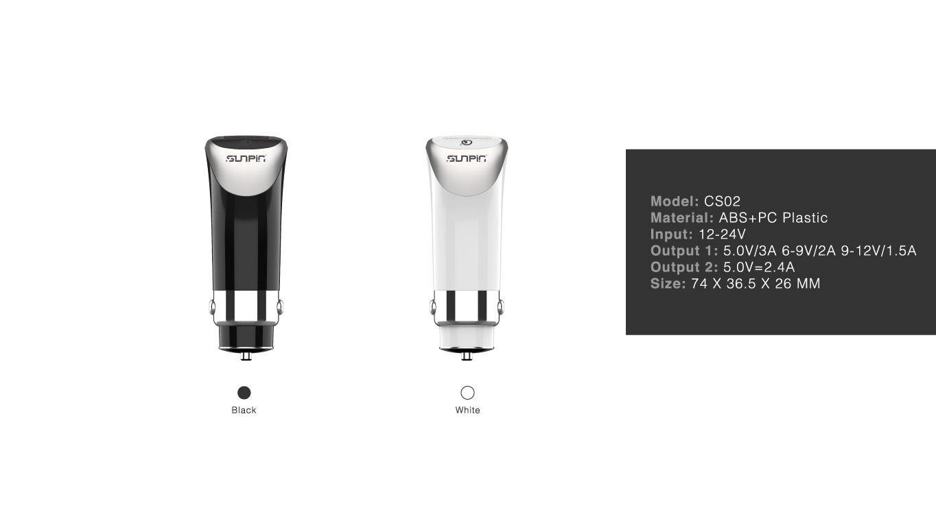 АЗУ (автомобильное зарядное устройство) SunPin CS-02 на 2 USB порта 5.1A - 15W, QC3.0, цвет чёрный.