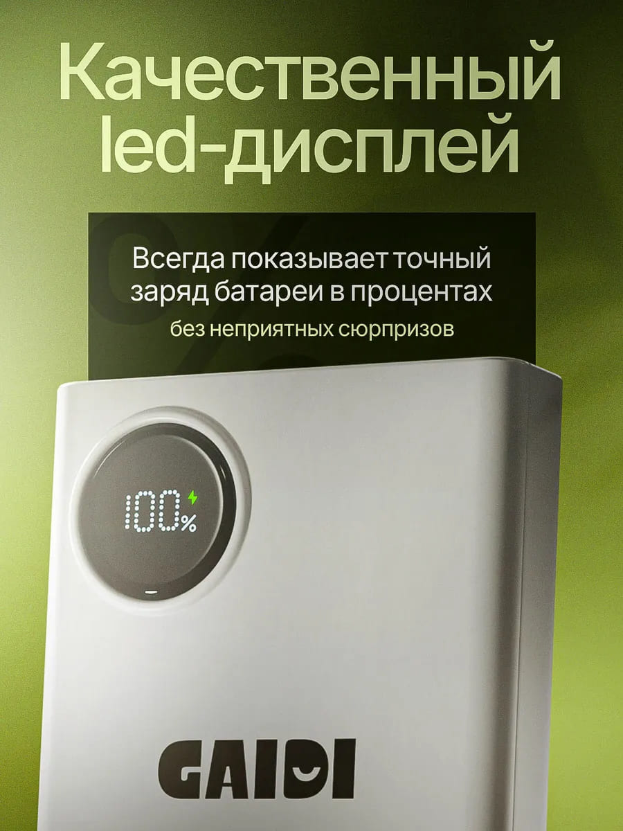 Внешний портативный аккумулятор, Power Bank Gaidi, 20000 mAh, 22.5 W, LED дисплей, 4 встроенных провода Type-C, Lightning 8-pin, USB, micro-USB, цвет белый