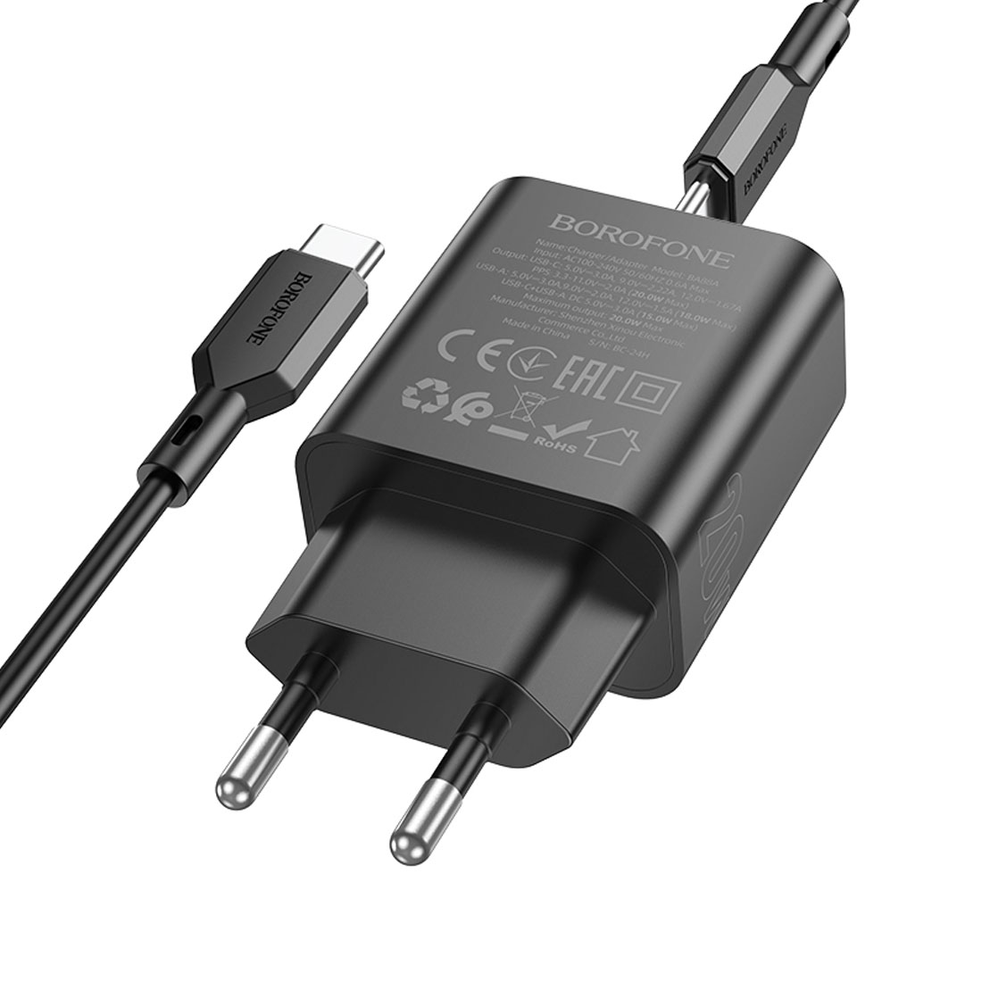 СЗУ (Сетевое зарядное устройство) BOROFONE BA88A Navy с кабелем USB Type C на USB Type C, 1 Type C, 1 USB, PD20W, QC3.0, длина 1 метр, цвет черный