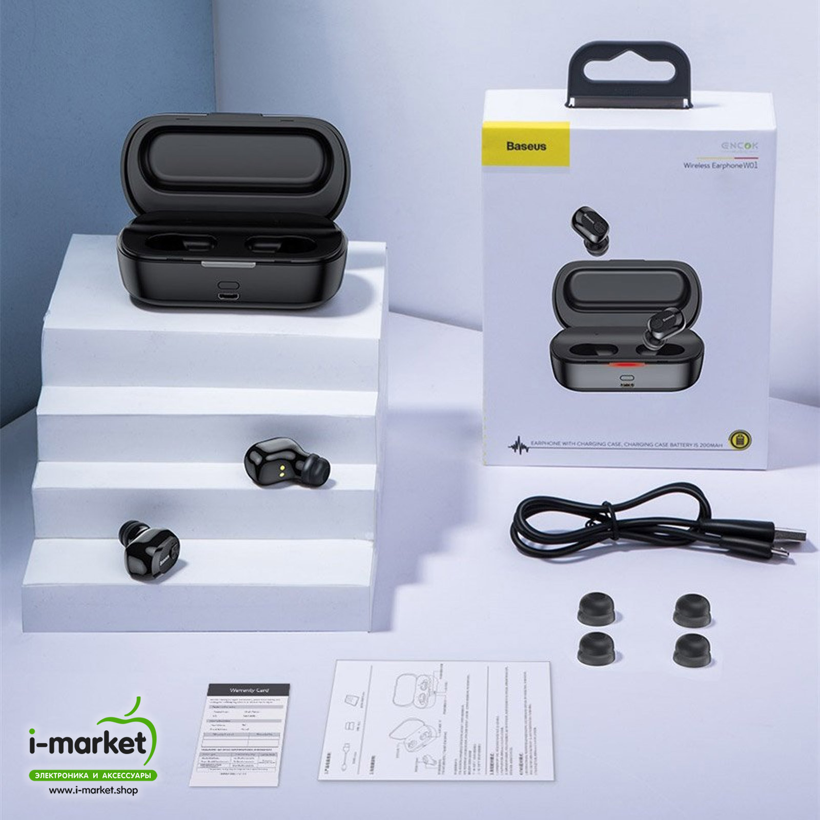 Гарнитура (наушники с микрофоном) беспроводная, BASEUS NGW01-01 Encok True Wireless Earphones W01 Bluetooth 5.0 TWS, цвет черный.