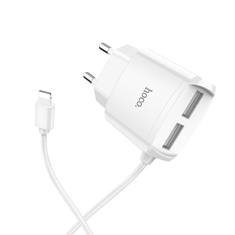 HOCO C59 & C59A Mega joy зарядный адаптер с двумя USB и встроенным кабелем для APPLE Lightning 8-pin, цвет белый.