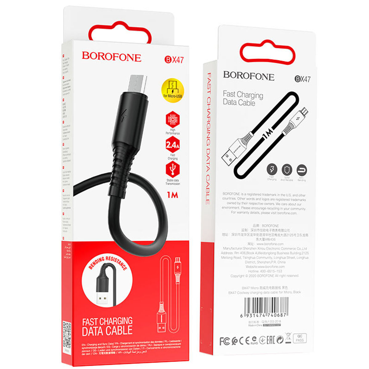 Кабель BOROFONE BX47 Coolway Micro USB, 2.4A, длина 1 метр, цвет черный