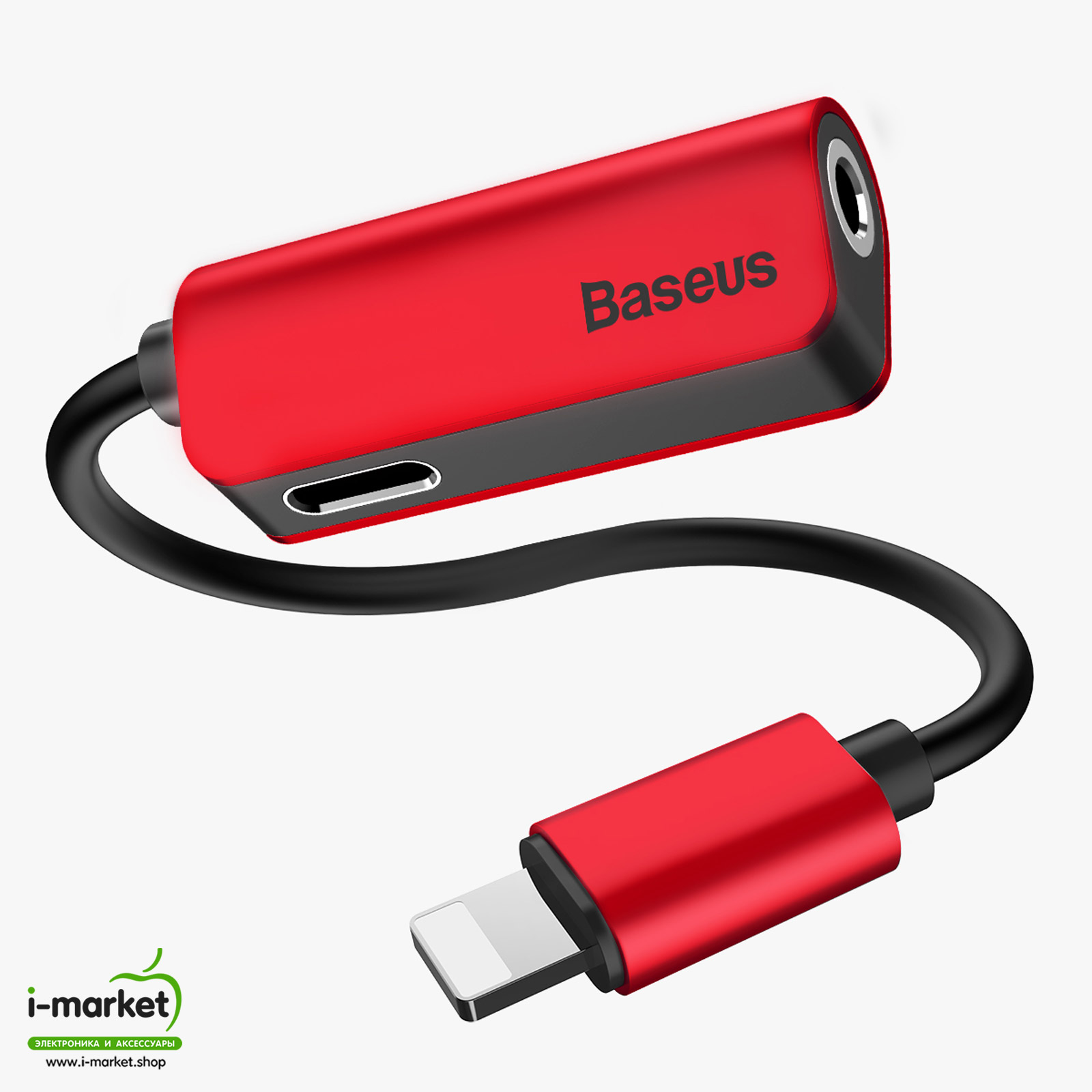 Переходник, адаптер аудио вход AUX 3.5 мм на разъем APPLE Lightning 8-pin, + доп. разъем Lightning 8-pin, Baseus L32, цвет красный