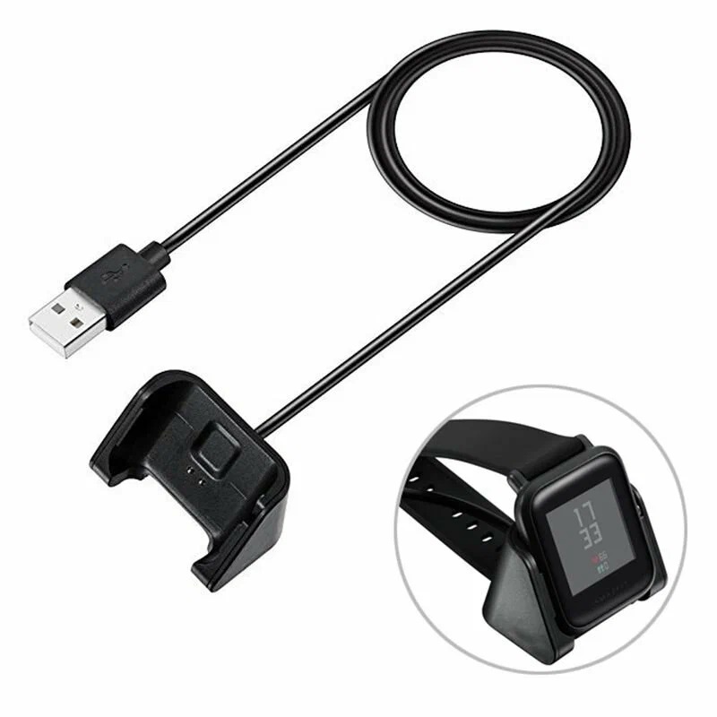 Зарядное устройство USB для Amazfit Bip Lite A1915, Bip A1608, длина 1 метр, цвет черный