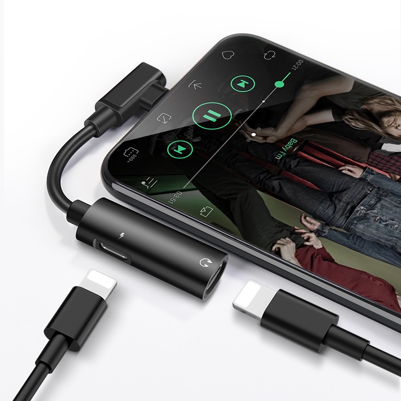 HOCO LS18 адаптер / конвертер /  аудио преобразователь для APPLE lightning 8-pin на наушники 8 pin и зарядный кабель 8 pin, цвет черный.