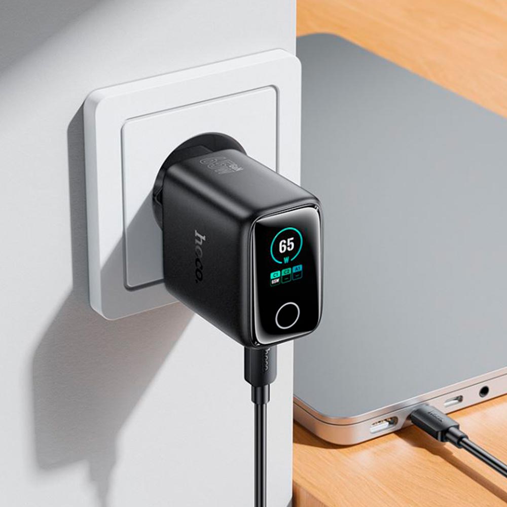 СЗУ (Сетевое зарядное устройство) HOCO N79 GaN Sapiencia, 2 USB Type C, 1 USB A, PD65W, QC3.0 18W, дисплей, кнопка, цвет черный