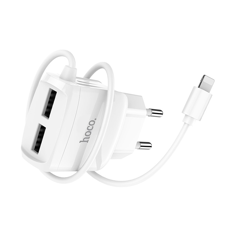 HOCO C59 & C59A Mega joy зарядный адаптер с двумя USB и встроенным кабелем для APPLE Lightning 8-pin, цвет белый.