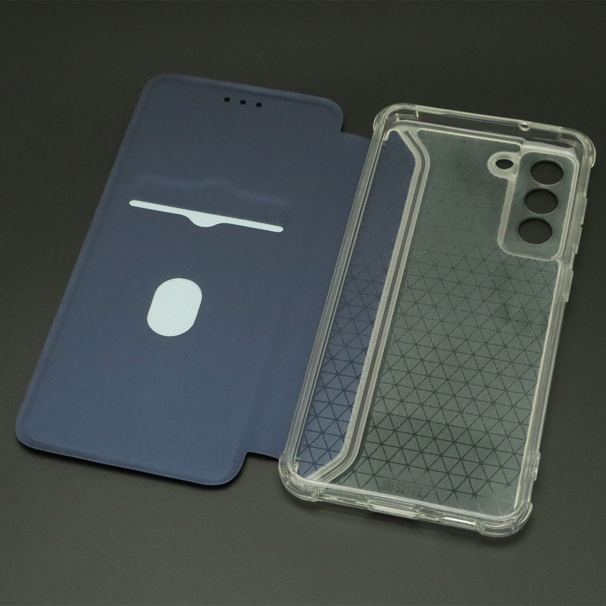 Чехол книжка для SAMSUNG Galaxy S21 FE (SM-G990B), экокожа, визитница, цвет темно синий