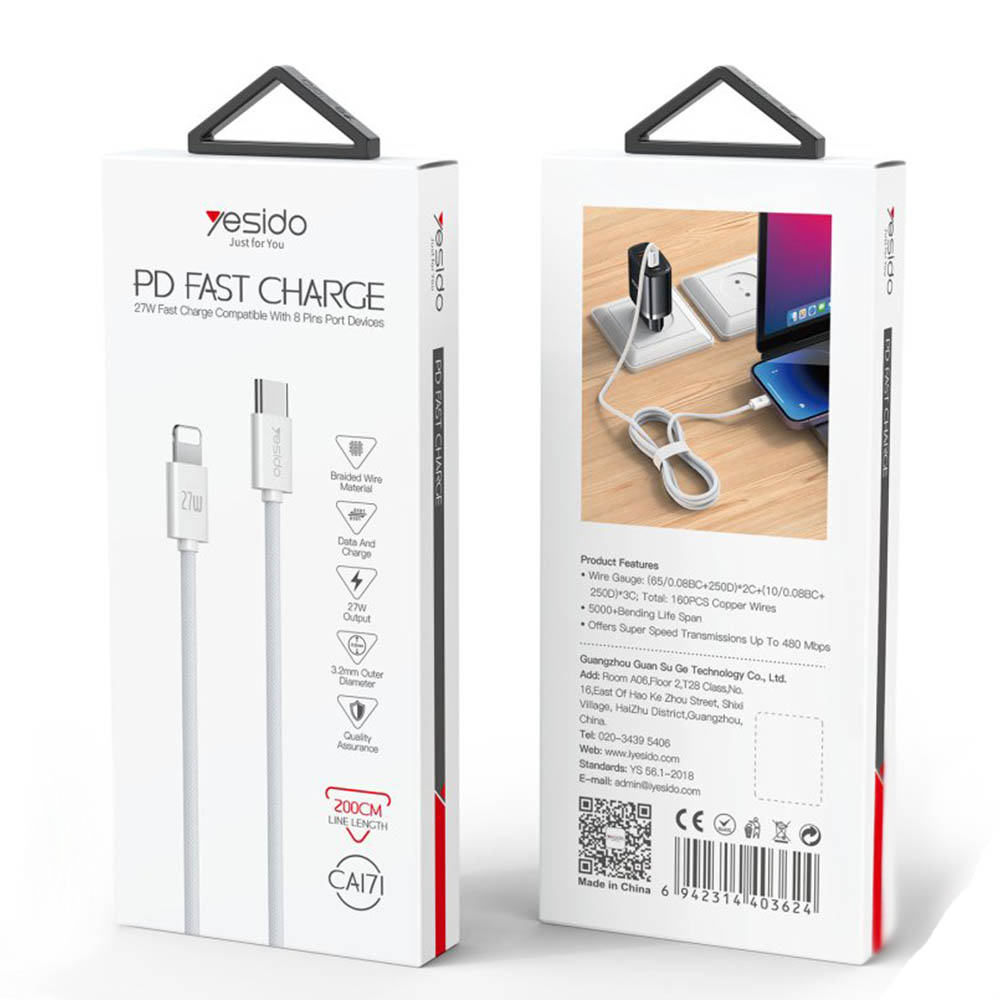 Кабель YESIDO CA171 USB Type C на Lightning 8 pin, PD27W, длина 2 метра, цвет белый Кабель YESIDO CA171 USB Type C на Lightning 8 pin, PD27W, длина 2 метра, цвет белый