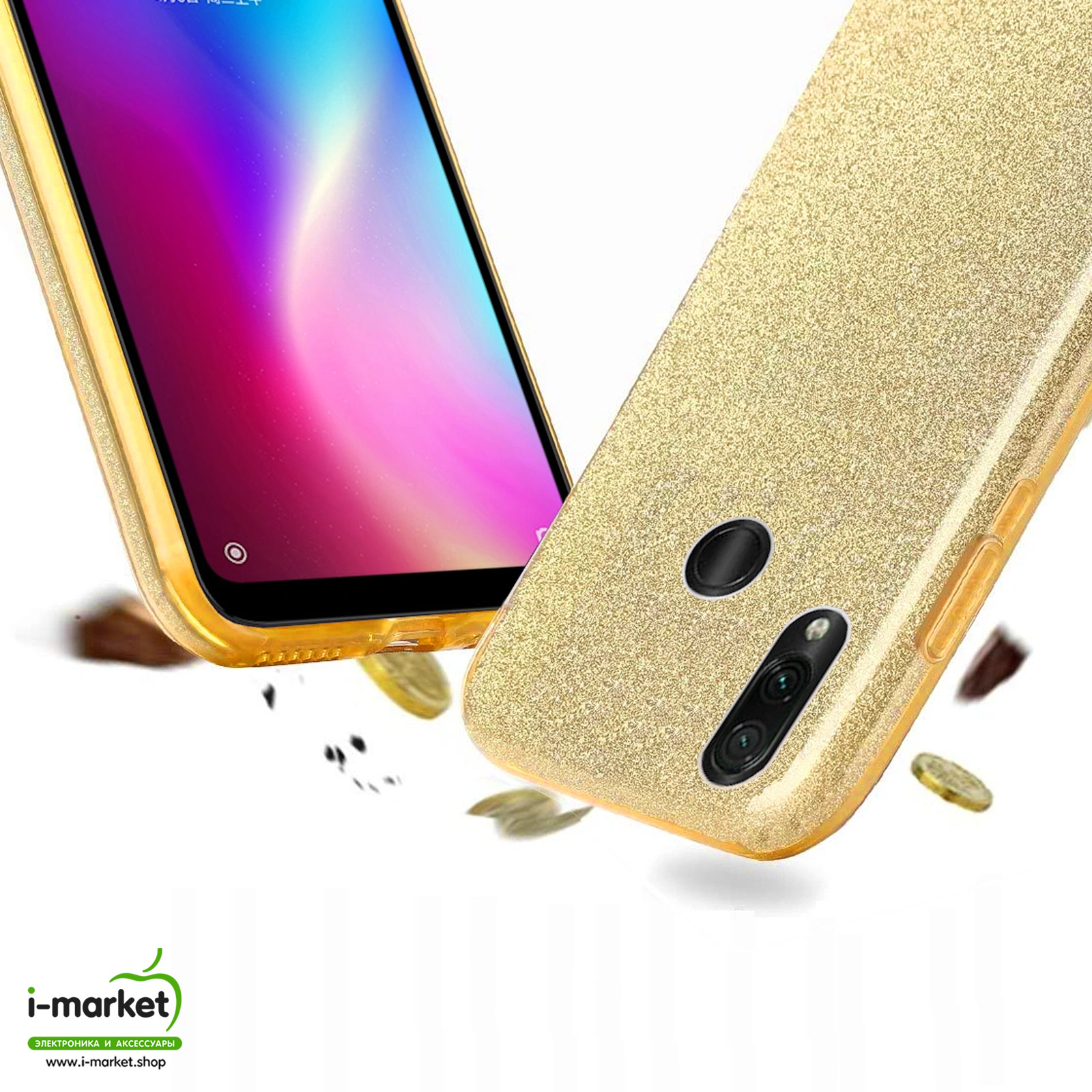 Чехол накладка Shine для XIAOMI Redmi Note 7, Redmi Note 7 Pro, силикон, блестки, цвет золотистый