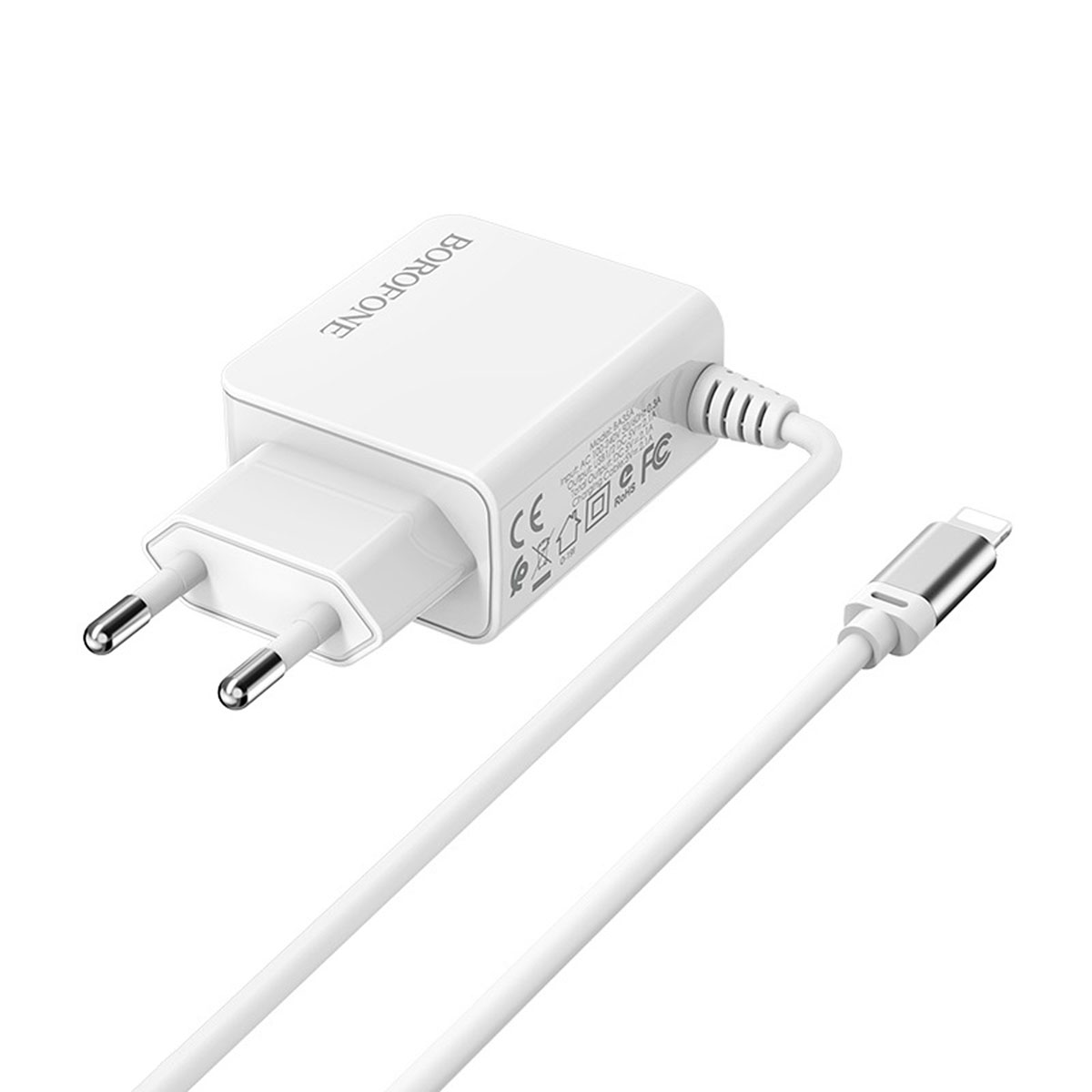 BOROFONE BA35A Brilliant, сетевое зарядное устройство с двумя USB портами, встроенный кабель APPLE Lightning 8-pin, ток 2.1A, цвет белый (распродажа -50%)
